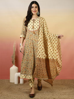 ANAISA - Women Beige Printed Anarkali Kurta with Pant and Dupatta (Set of 3)