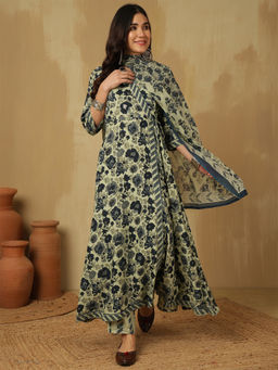 ANAISA - Women Blue Printed Anarkali Kurta with Pant and Dupatta (Set of 3)