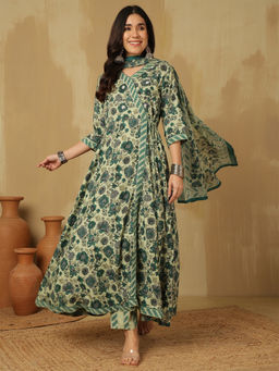 ANAISA - Women Green Printed Anarkali Kurta with Pant and Dupatta (Set of 3)