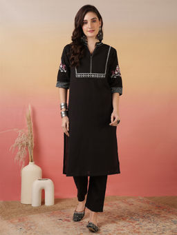 ANAISA - Women Black Solid Embroidery Kurta with Pant (Set of 2)