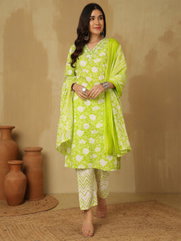 ANAISA - Women Green Cotton Printed Kurta with Pant & Dupatta (Set of 3)