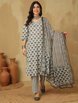 ANAISA - Women Cotton Brown Printed Straight Kurta with Pant & Dupatta (Set of 3)