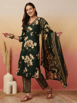 ANAISA - Women Green Cotton Printed Adda Work Straight Kurta with Pant & Dupatta (Set of 3)