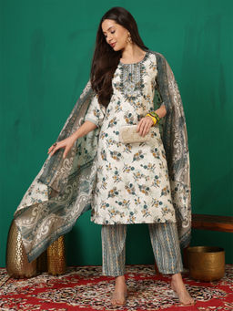 ANAISA - Women Green Floral Printed Yoke Embroidery Kurta with Pant & Dupatta (Set of 3)