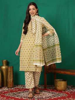 ANAISA - Women Cotton Beige Printed Kurta with Pant & Dupatta (Set of 3)