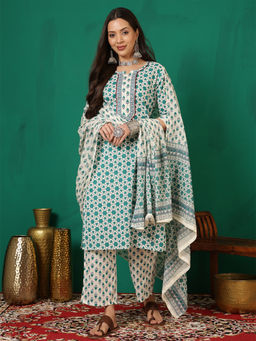 ANAISA - Women Cotton Light Blue Printed Kurta with Pant & Dupatta (Set of 3)