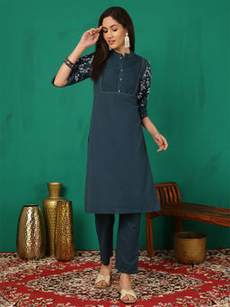 ANAISA - Women Navy Blue Solid Embroidery Cotton Flex Kurta with Pant (Set of 2)