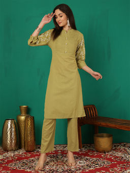 ANAISA - Women Olive Green Solid Embroidery Cotton Flex Kurta with Pant (Set of 2)
