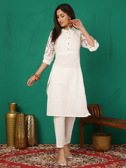 ANAISA - Women White Solid Embroidery Cotton Flex Kurta with Pant (Set of 2)