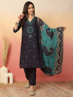 ANAISA - Women Navy Blue Silk Kurta with Pant & Dupatta (Set of 3)