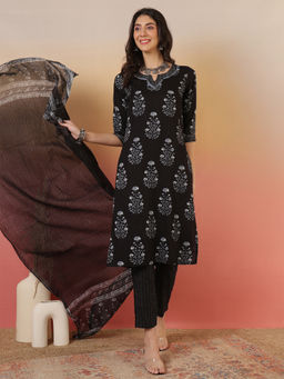 ANAISA - Women Black Cotton Yoke Design Kurta with Pant & Dupatta (Set of 3)
