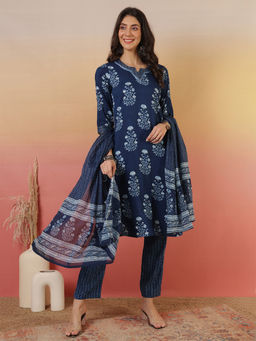 ANAISA - Women Blue Cotton Yoke Design Kurta with Pant & Dupatta (Set of 3)