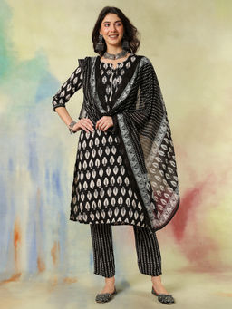 ANAISA - Women Black Viscose Rayon Discharge Printed Kurta with Pant & Dupatta (Set of 3)
