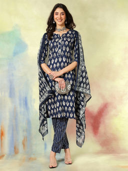 ANAISA - Women Blue Viscose Rayon Discharge Printed Kurta with Pant & Dupatta (Set of 3)