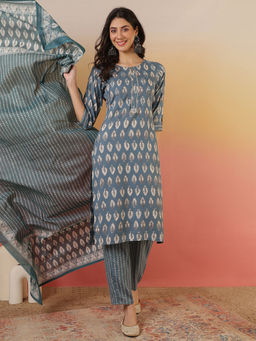 ANAISA - Women Grey Viscose Rayon Discharge Printed Kurta with Pant & Dupatta (Set of 3)