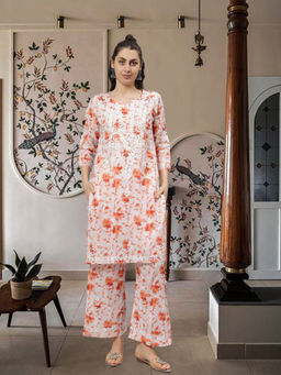 Seva Chikan - Hand Embroidered Orange Cotton Lucknowi Chikankari Kurta with Palazzo (Set of 2)