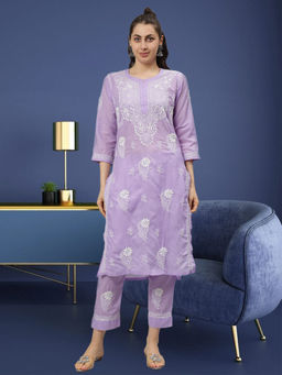 Seva Chikan - Hand Embroidered Mauve Cotton Lucknowi Chikankari Kurta with Pant (Set of 2)