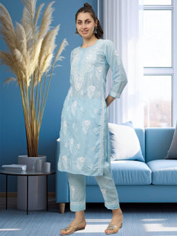 Seva Chikan - Hand Embroidered Blue Cotton Lucknowi Chikankari Kurta with Pant (Set of 2)