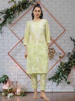 Seva Chikan - Hand Embroidered Pista Green Cotton Lucknowi Chikankari Kurta with Pant (Set of 2)