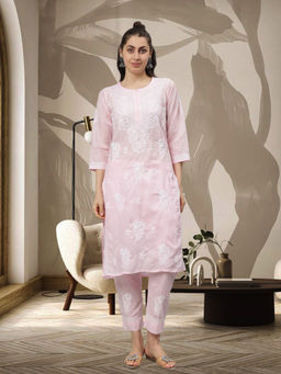 Seva Chikan - Hand Embroidered Pink Cotton Lucknowi Chikankari Kurta with Pant (Set of 2)