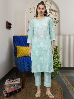 Seva Chikan - Hand Embroidered Sea Green Cotton Lucknowi Chikankari Kurta with Pant (Set of 2)