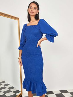 Styli - Blue 3/4 Sleeves Shirred Bodycon Midi Dress With Frill Hem