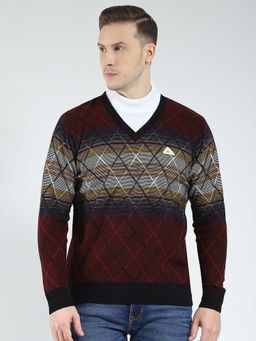 Monte Carlo - Multi-Colour Men's Self Design V Neck Sweater
