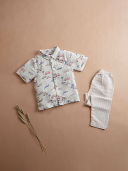 Yellow Rabbit - Boys Off White Printed Shirt with Pyjama (Set of 2)