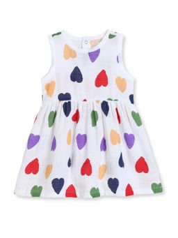 The Boo Boo Club - White Muslin Cotton Multiheart Printed Baby Dress