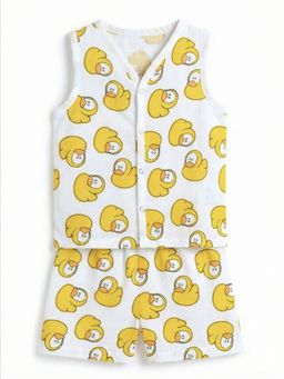 The Boo Boo Club - White Printed Jhabla and Shorts