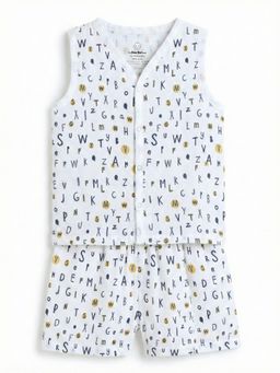 The Boo Boo Club - White Printed Jhabla and Shorts