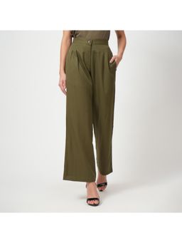 Saltpetre - Women Solid Olive Tencel Wide Leg Trouser