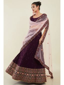 Soch - Women Wine Georgette Embroidered Unstiched Lehenga with Sequins (Set of 3)