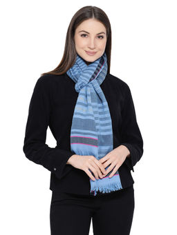 Shingora - Blue Wool Blend Striped Fringed Women Stole