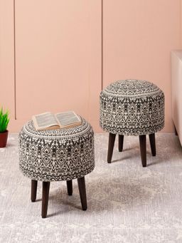 Nestroots - Grey Cotton Canvas Wooden Ottoman (Pack of 2)