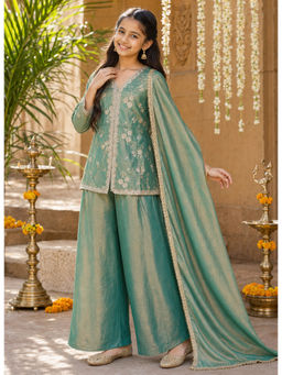 Kedar Fab - Silk Floral Motiff Embroidered Kurta Palazzo with Dupatta
