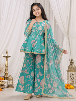 Kedar Fab - Pure Silk Floral Printed Flared Kurta Palazzo with Dupatta