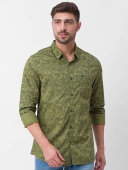 Spykar - Moss Green Cotton Full Sleeve Printed Shirt for Men