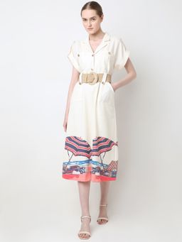 VERO MODA - Women Beige Printed A-Line Fit Midi Dress with Belt (Set of 2)