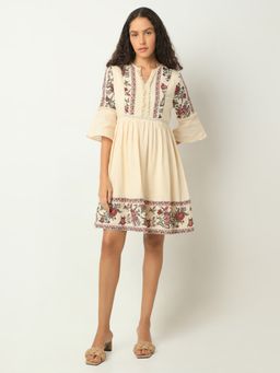 VERO MODA - Women Beige Floral Printed A-Line Fit Knee Length Dress