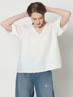 VERO MODA - Women White Sequined Comfortable Fit Top