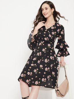 Uptownie - Womens Crepe Printed Skater Knee Length Dress Black