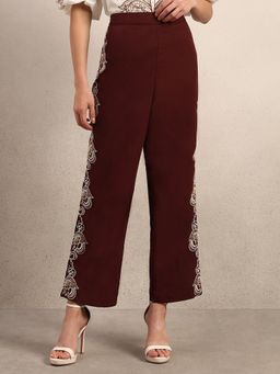 VERO MODA - Chocolate Brown Embroidered Cotton Pants