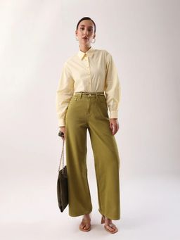 RAREISM - Women Polyester Plain Wide Leg Olive Trouser