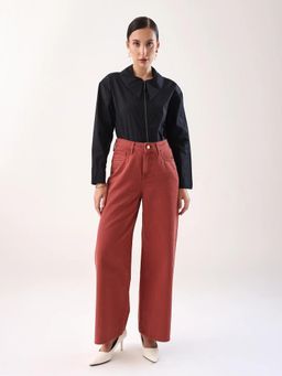 RAREISM - Women Polyester Plain Wide Leg Rust Trouser