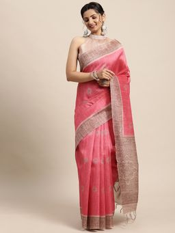 Sareemall - Womens Silk Blend Pink Printed Designer Saree with Unstitched Blouse