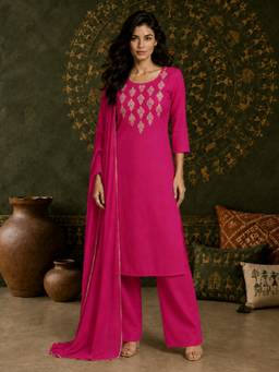 Aaghnya - Women Pink Silk Blend Woven Design Kurta With Palazzo And Dupatta