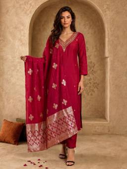 Aaghnya - Women Red Silk Blend Embroidered Kurta With Trouser And Dupatta