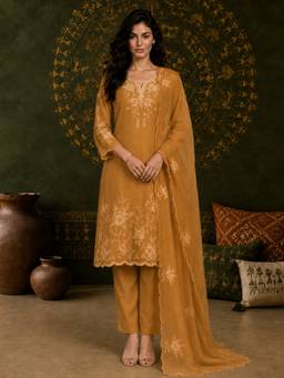 Aaghnya - Women Mustard Silk Blend Embroidered Kurta With Trouser And Dupatta