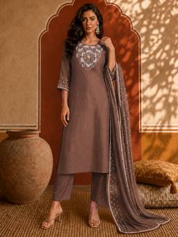 Aaghnya - Women Brown Silk Blend Embroidered Kurta With Trouser And Dupatta